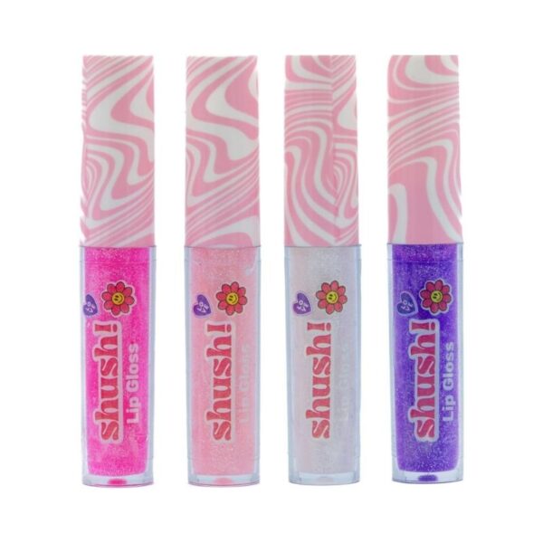 Set of four Shush! Cosmic Glow Lip Glosses in various shades, showcasing a vibrant and shimmering finish