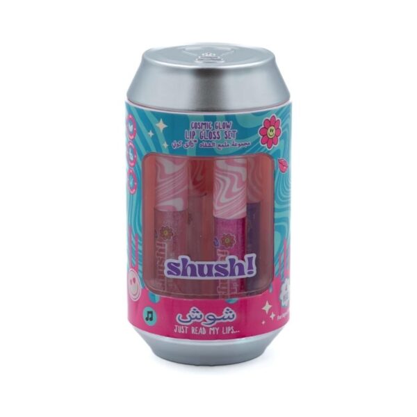 Set of four Shush! Cosmic Glow Lip Glosses in various shades, showcasing a vibrant and shimmering finish