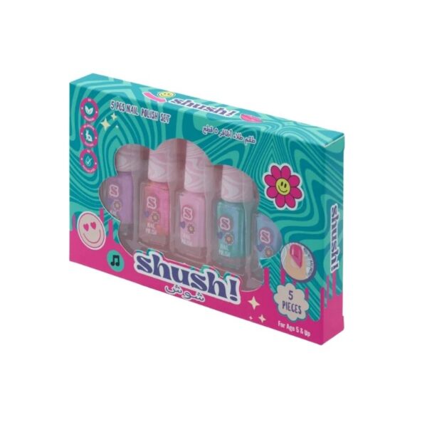 Shush Nail Polish Set featuring five vibrant colors in sleek bottles, perfect for a stylish manicure at home