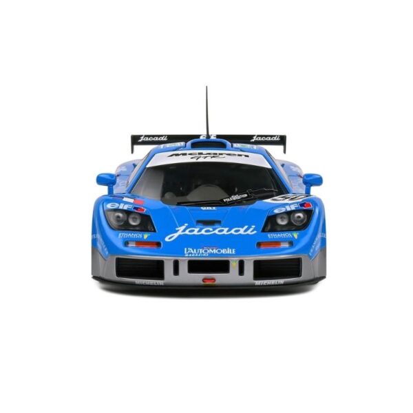 1:18 scale model of a blue McLaren F1 GTR Short Tail #50, showcasing detailed design and racing features