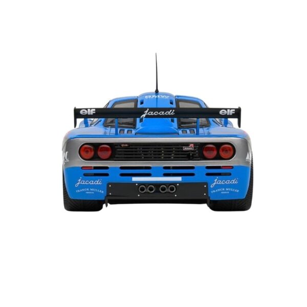 1:18 scale model of a blue McLaren F1 GTR Short Tail #50, showcasing detailed design and racing features