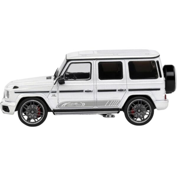 Scale model of a 2022 Mercedes AMG G63 in Diamond White, showcasing detailed design and craftsmanship