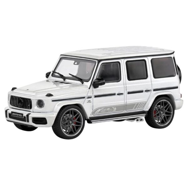 Scale model of a 2022 Mercedes AMG G63 in Diamond White, showcasing detailed design and craftsmanship