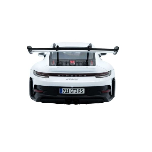 2024 white Porsche 911 GT3 RS with blue stripes, showcasing a sleek design and sporty features