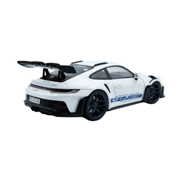 2024 white Porsche 911 GT3 RS with blue stripes, showcasing a sleek design and sporty features