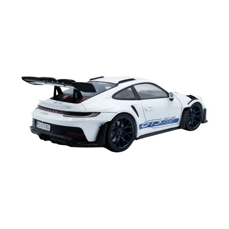 Solido Porche 911 GT3 RS White With Blue Stripes 2024 – 421186399 – 3 2024 white Porsche 911 GT3 RS with blue stripes, showcasing a sleek design and sporty features
