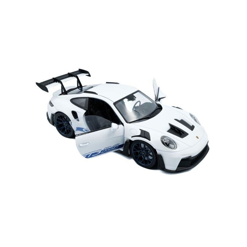 Solido Porche 911 GT3 RS White With Blue Stripes 2024 – 421186399 – 4 2024 white Porsche 911 GT3 RS with blue stripes, showcasing a sleek design and sporty features