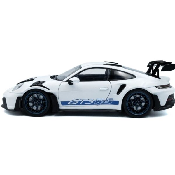 2024 white Porsche 911 GT3 RS with blue stripes, showcasing a sleek design and sporty features