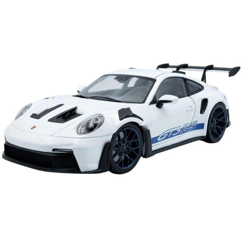 Solido Porche 911 GT3 RS White With Blue Stripes 2024 - 421186399 2024 white Porsche 911 GT3 RS with blue stripes, showcasing a sleek design and sporty features