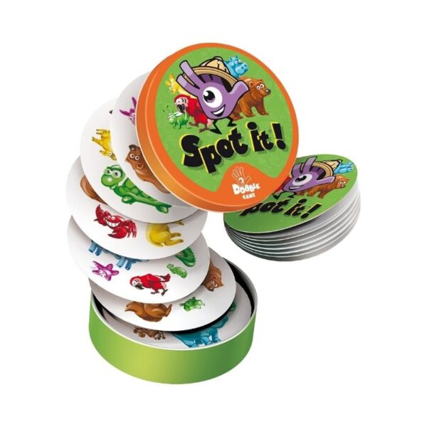 Spot It!: Animals game packaging featuring colorful animal illustrations and eco-friendly blister packaging design