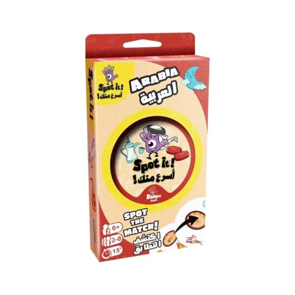Spot it!: Arabia Eco-Blister game packaging featuring colorful illustrations of Arabian landmarks and characters