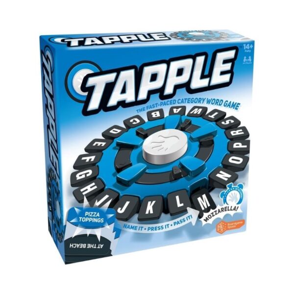 Tapple board game featuring a circular device with letters and a timer for fast-paced word challenges