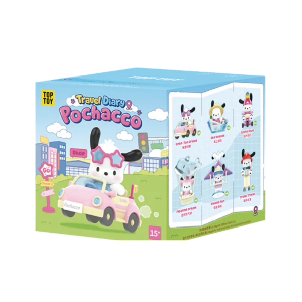 Blind box featuring various Pochacco figures from the TopToy Travel Diary Series, showcasing cute and collectible designs