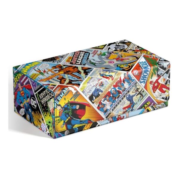 Ultimate Guard Squaroes collectors case featuring vintage DC Justice League comics, showcasing iconic superhero artwork