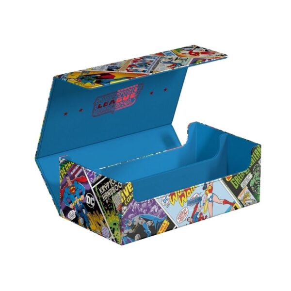 Ultimate Guard Squaroes collectors case featuring vintage DC Justice League comics, showcasing iconic superhero artwork