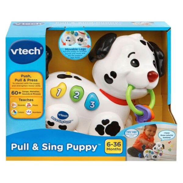 A colorful Vtech Pull Along Puppy Pal toy with wheels, designed for toddlers to encourage walking and imaginative play