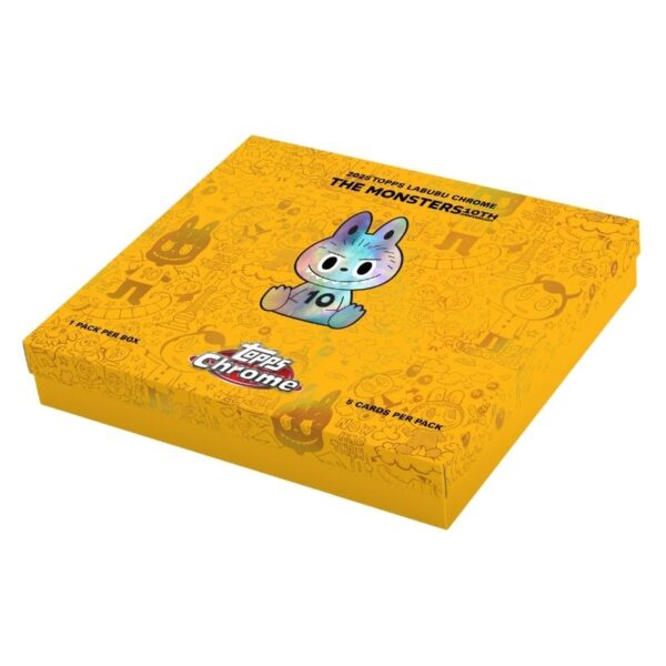 2025 Topps Labubu Chrome 10th Anniversary Hobby Box featuring vibrant artwork and collectible card packs