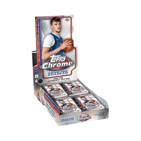 2025/26 Topps Chrome Basketball Hobby Box featuring vibrant graphics and player images on the packaging