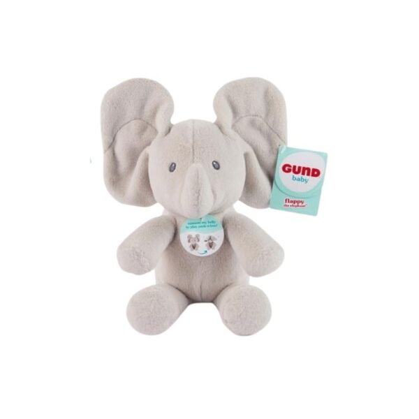 A Baby Gund Peek-A-Boo plush toy featuring Flappy the elephant or Flora the bunny, designed for interactive play