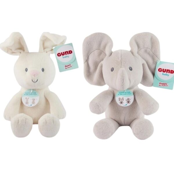 A Baby Gund Peek-A-Boo plush toy featuring Flappy the elephant or Flora the bunny, designed for interactive play