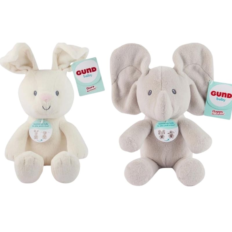 Baby Gund Peek-A-Boo (Flappy & Flora) Random 1 Piece - 6073995 A Baby Gund Peek-A-Boo plush toy featuring Flappy the elephant or Flora the bunny, designed for interactive play