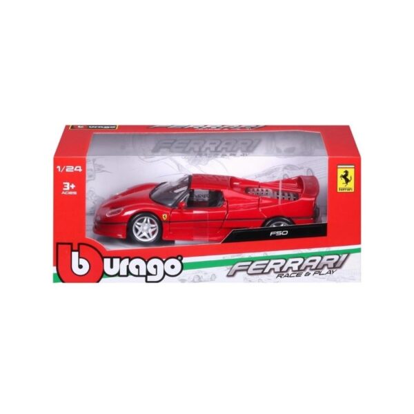 Bburago 1/24 scale model of a Ferrari F50, displayed without a stand, showcasing its detailed design and vibrant color