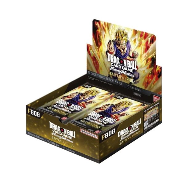 Dragon Ball Super TCG Fusion World 08 Saiyan's Pride Booster Box featuring 24 packs of collectible trading cards