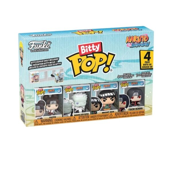 Four Funko Bitty Pop! figures from Naruto Shippuden, featuring characters in dynamic battle poses