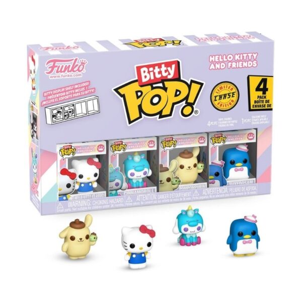 Four Funko Bitty Pop! figures featuring Hello Kitty and friends from Sanrio, each in colorful, playful designs