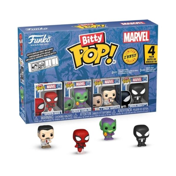 Four Funko Bitty Pop! figures featuring Marvel's Spider-Man characters in colorful designs, ideal for collectors and fans