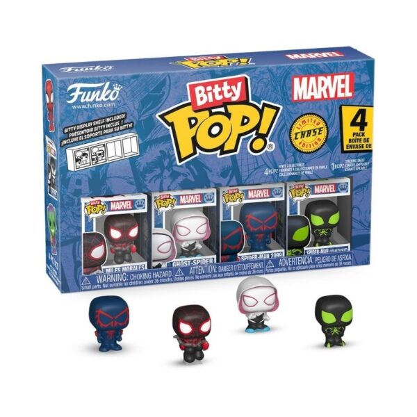 Funko Bitty Pop! Marvel 4-pack featuring Spider-Man Miles Morales in various poses and styles
