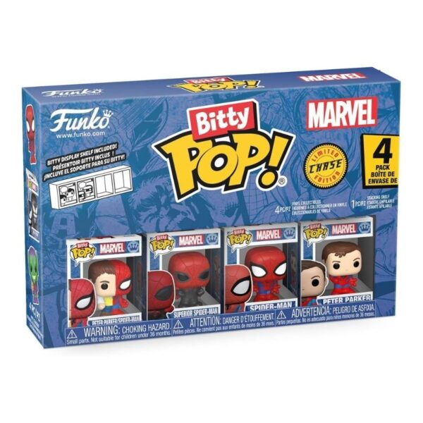Marvel Bitty Pops! Spider-Man mystery mini figures featuring Stealth Suit, Symbiote Suit, and Hyper Rare Peter Parker. Perfect collectibles, party favors, and cake toppers for Marvel fans.
