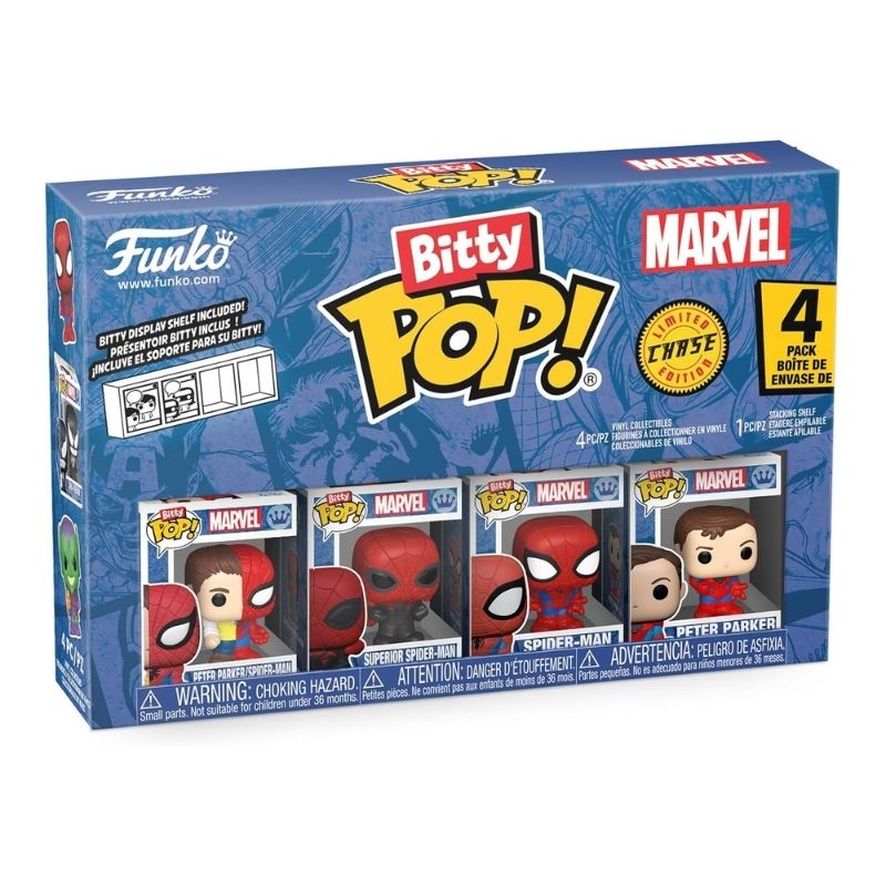Funko Bitty Pop! Marvel_ Spider-Man Parker Split 4 Pack – FU85704-1 Marvel Bitty Pops! Spider-Man mystery mini figures featuring Stealth Suit, Symbiote Suit, and Hyper Rare Peter Parker. Perfect collectibles, party favors, and cake toppers for Marvel fans.