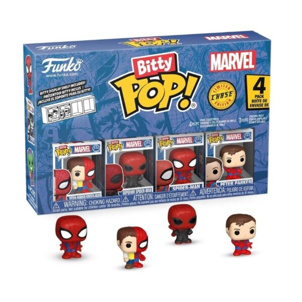 Marvel Bitty Pops! Spider-Man mystery mini figures featuring Stealth Suit, Symbiote Suit, and Hyper Rare Peter Parker. Perfect collectibles, party favors, and cake toppers for Marvel fans.