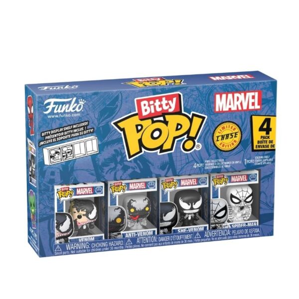 Funko Bitty Pop! Marvel 4-pack featuring Spider-Man and Venom characters in colorful, collectible mini figures