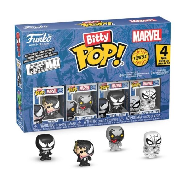 Funko Bitty Pop! Marvel 4-pack featuring Spider-Man and Venom characters in colorful, collectible mini figures