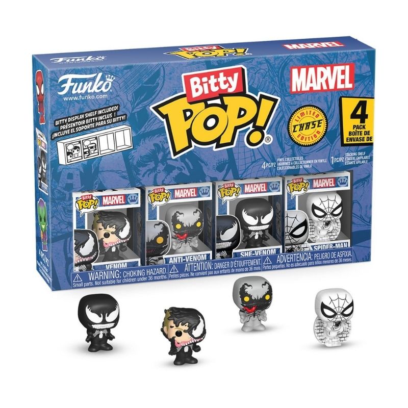 Funko Bitty Pop! Marvel_ Spider-Man Venom 4 Pack - FU85703 Funko Bitty Pop! Marvel 4-pack featuring Spider-Man and Venom characters in colorful, collectible mini figures