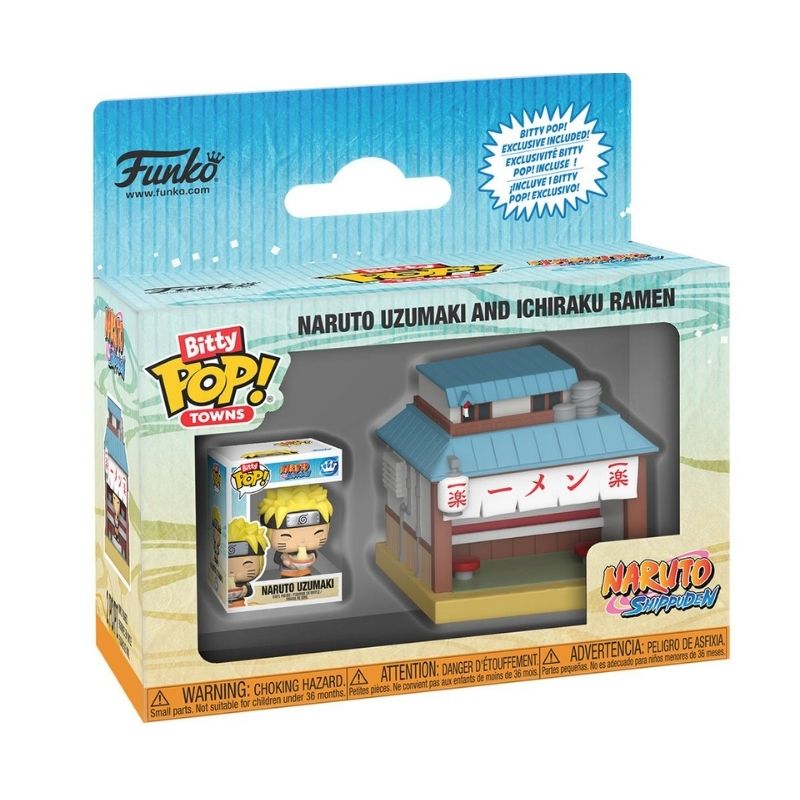 Funko Bitty Pop! Town_ Naruto Ichiraku Ramen – FU89867-2 Funko Bitty Pop! Town features Naruto's Ichiraku Ramen shop, showcasing colorful miniatures of characters and the iconic building