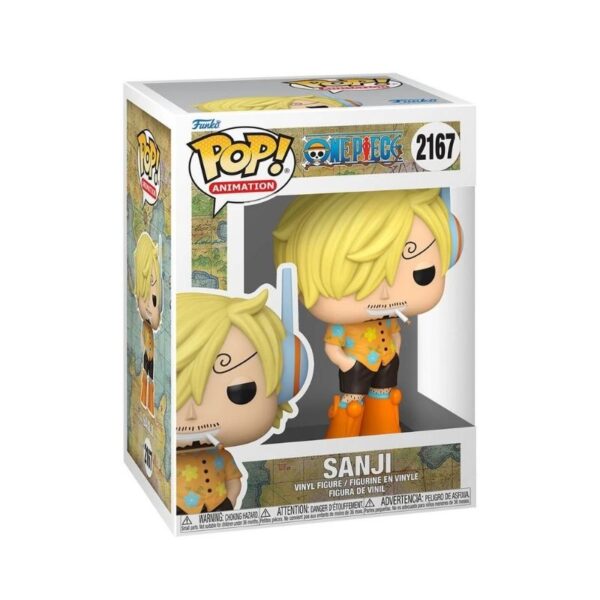 Funko Pop! figure of Sanji from One Piece, featuring his signature hairstyle and chef outfit, with a playful expression