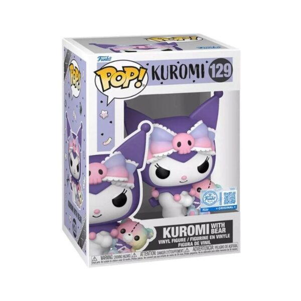 Funko Pop! figure of Sanrio's Kuromi holding a cute bear, featuring her signature mischievous expression and pink accents