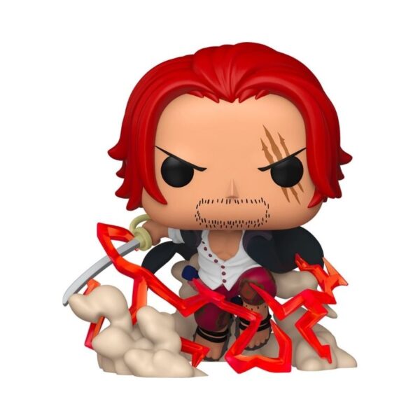 Funko Pop figure of Shanks from One Piece, featuring his signature red coat and straw hat, with a playful expression.