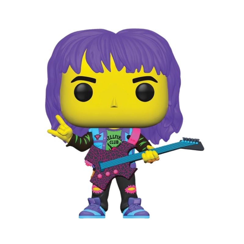 Funko Pop! Tv_ Stranger Things S4 Eddie with Guitar (BLKLT)(Exc) - FU81548 Funko Pop! figure of Eleven from Stranger Things, featuring her in a pink dress and holding a box of Eggo waffles