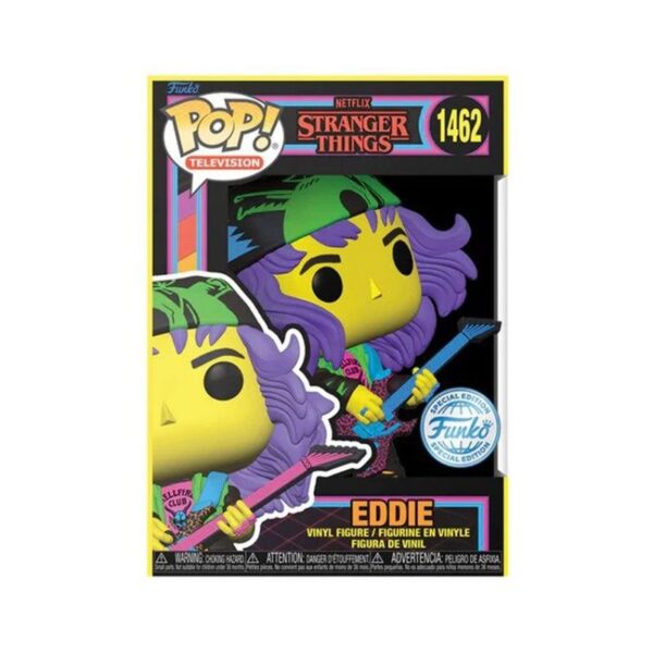 Funko Pop! figure of Eddie from Stranger Things Season 4, holding a guitar, with a blacklight feature for a glowing effect