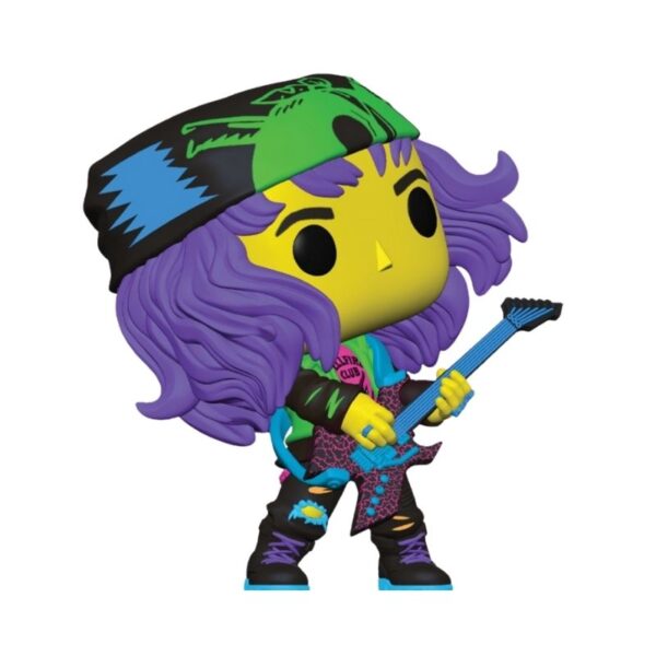 Funko Pop! figure of Eddie from Stranger Things Season 4, holding a guitar, with a blacklight feature for a glowing effect