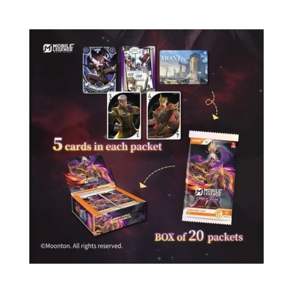 Kayou Mobile Legends: Bang Bang collectible cards booster box, titled Hand of Destiny, featuring vibrant artwork and game details