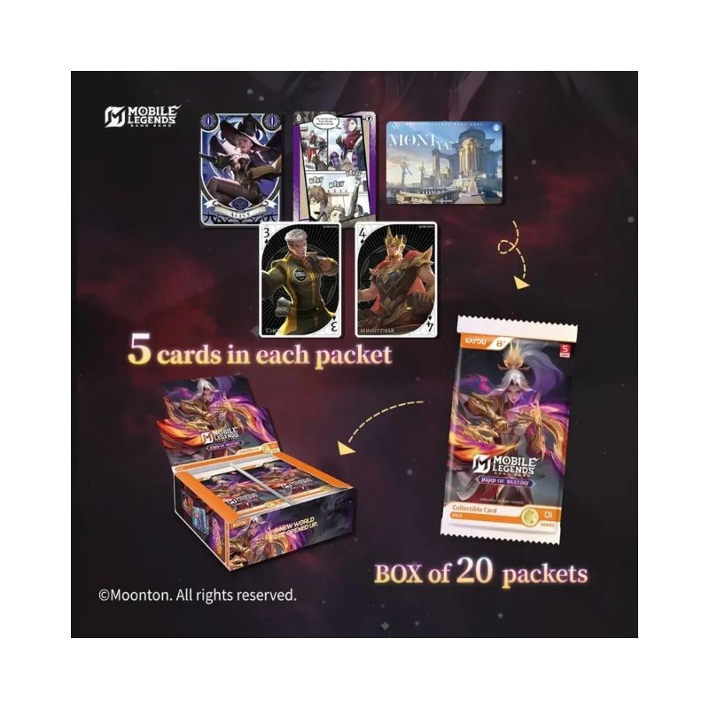 Kayou Mobile Legends_ Bang Bang Collectible Cards Hand of Destiny-001A-SEA Booster Box-1 Kayou Mobile Legends: Bang Bang collectible cards booster box, titled Hand of Destiny, featuring vibrant artwork and game details