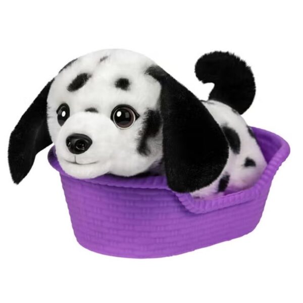 A small, realistic toy puppy named Pepper, featuring soft fur and expressive eyes, sitting on a colorful surface.