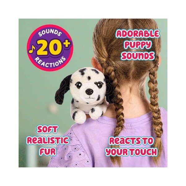 A small, realistic toy puppy named Pepper, featuring soft fur and expressive eyes, sitting on a colorful surface.