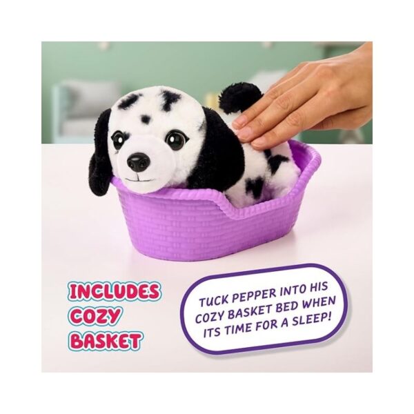 A small, realistic toy puppy named Pepper, featuring soft fur and expressive eyes, sitting on a colorful surface.