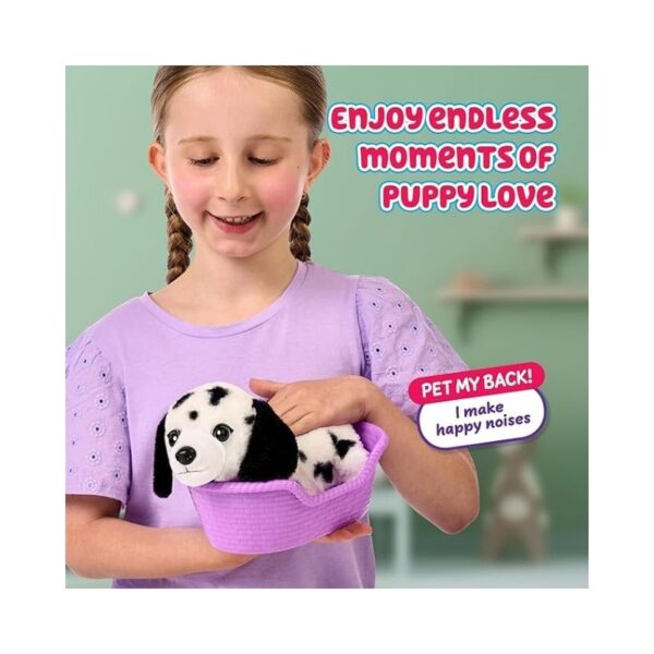 A small, realistic toy puppy named Pepper, featuring soft fur and expressive eyes, sitting on a colorful surface.